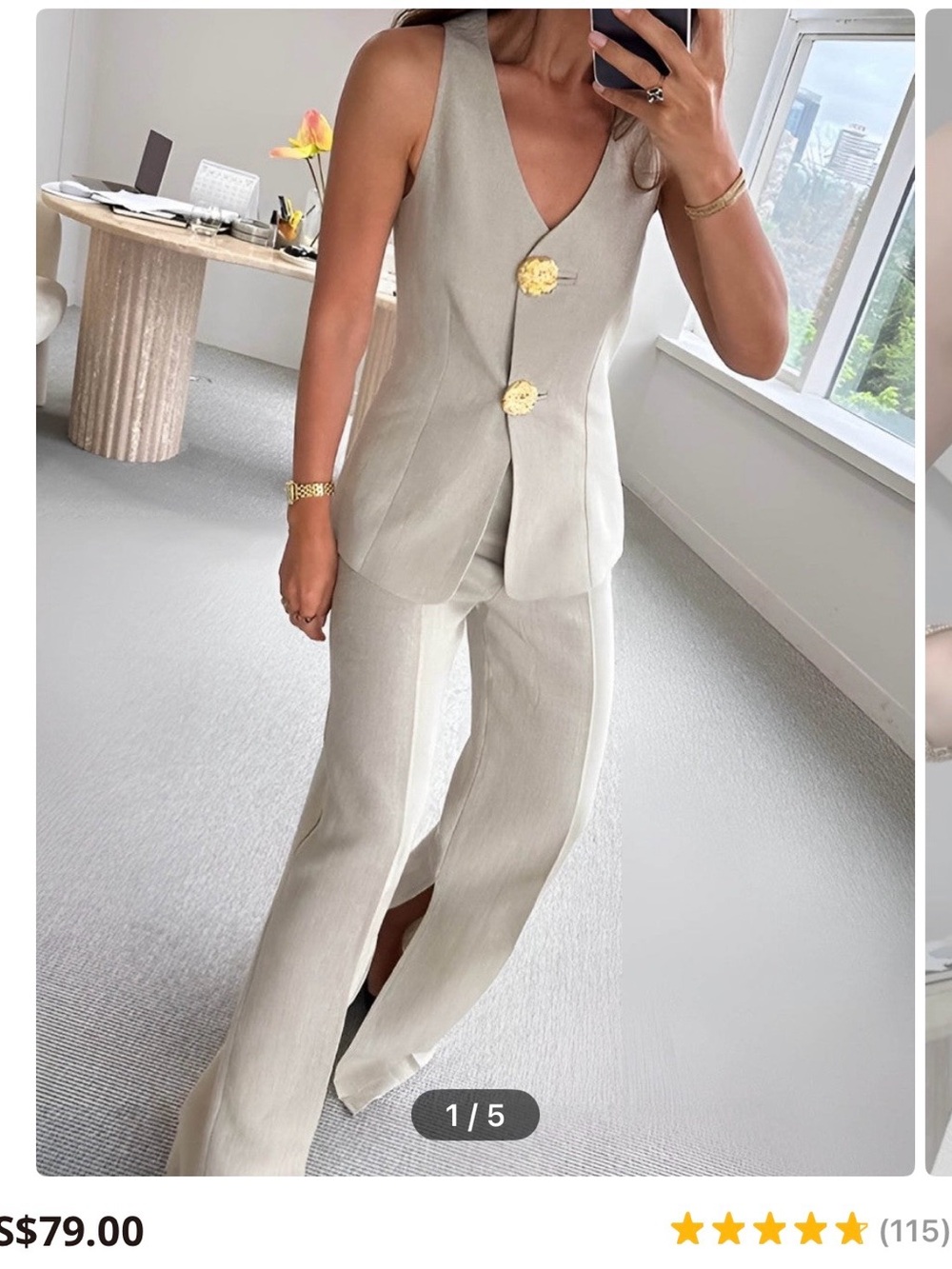 Carmen Marc Valvo Light Gray 2pc. Vest Pants set with Gold Buttons